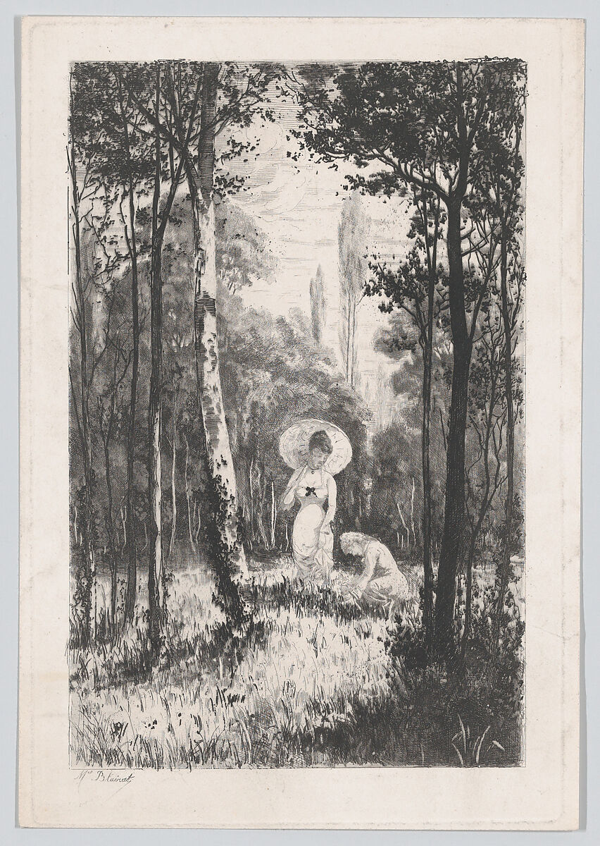Two women in a clearing in the woods, one holding a parasol, the other seated in the grass, Marcel Blairat (French, Roquemaure 1849–1891 Paris), Etching 