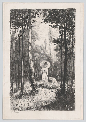 Two women in a clearing in the woods, one holding a parasol, the other seated in the grass