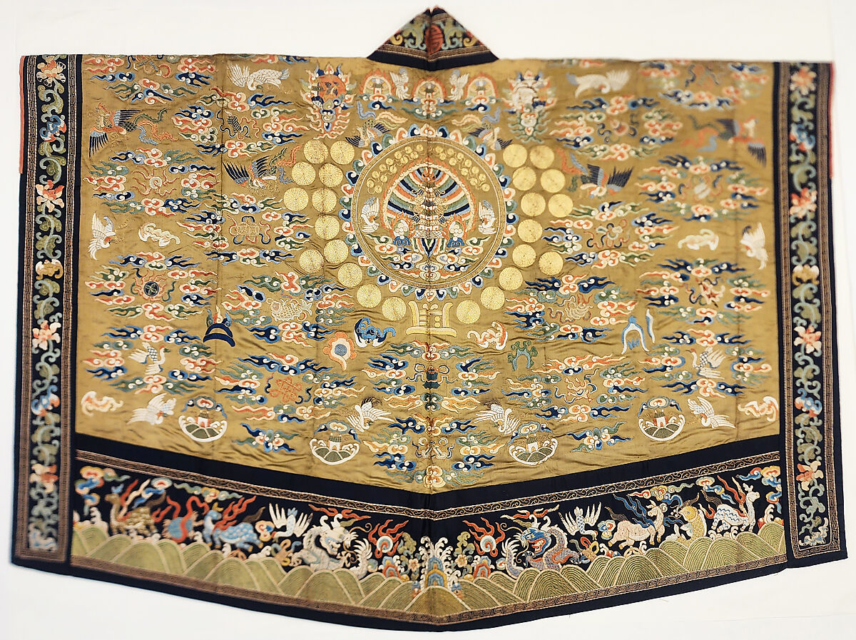 Daoist priest’s ritual robe with celestial palace, Silk and metal thread embroidery on silk satin, China
