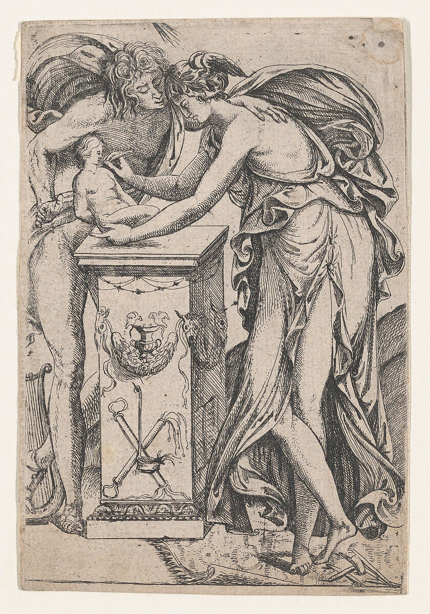 Apollo and the Spirit of Sculpture, Pierre Biard II (French, Paris 1592–1661 Paris), Engraving 