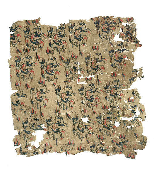 Textile Fragment with Floral Pattern, Silk embroidery (chain stitches) on silk plain weave, China 