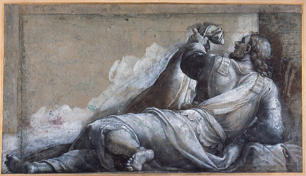 Reclining Apostle, Sebastiano del Piombo (Sebastiano Luciani) (Italian, Venice (?) 1485/86–1547 Rome), Black chalk, brush and brown wash, white gouache 