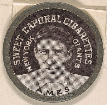 Ames, New York Giants (black), New York Giants, from the Domino Discs series (PX7), issued by Kinney Brothers, Issued by Kinney Brothers Tobacco Company, Commercial color lithograph with metal trim 