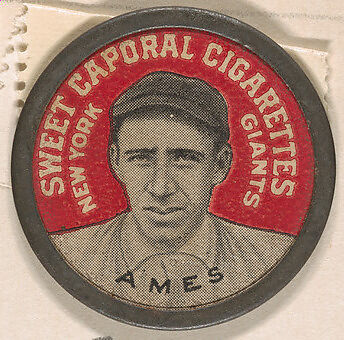 Ames, New York Giants (red), from the Domino Discs series (PX7), issued by Kinney Brothers, Issued by Kinney Brothers Tobacco Company, Commercial color lithograph with metal trim 