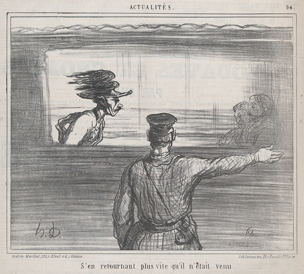 S'en retournant plus vite..., from Actualités, published in Le Charivari, July 12, 1859, Honoré Daumier (French, Marseilles 1808–1879 Valmondois), Lithograph on newsprint; second state of two (Delteil; Hazard & Delteil) 