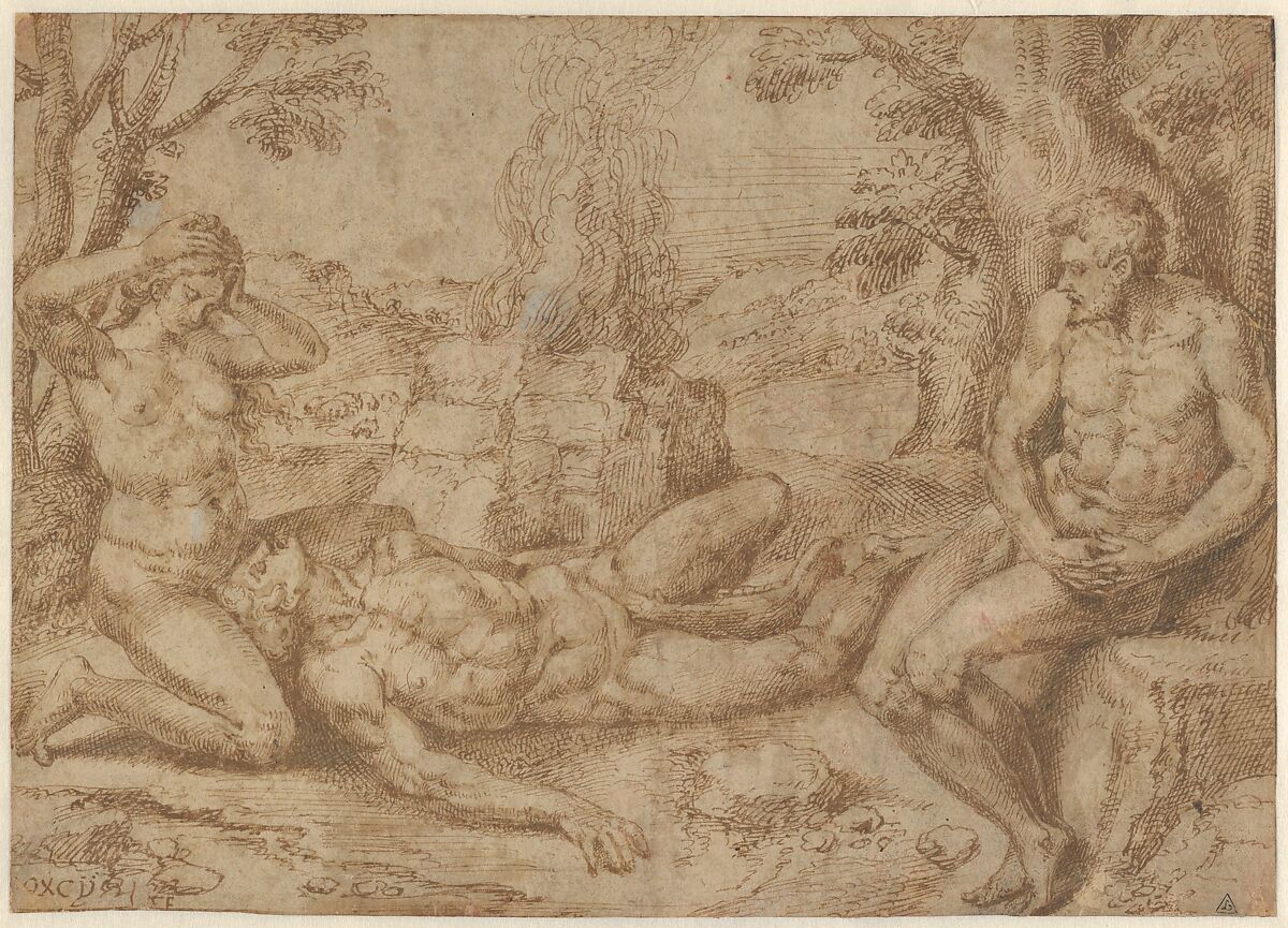 Adam and Eve Mourning the Death of Abel, Michiel Coxie (I) (Netherlandish, Mechelen ca. 1499–1592 Mechelen), Pen and brush and brown ink, heightened with white gouache, over black chalk; framing line in pen and brown ink, by the artist; incised for transfer; verso covered with red chalk for transfer 