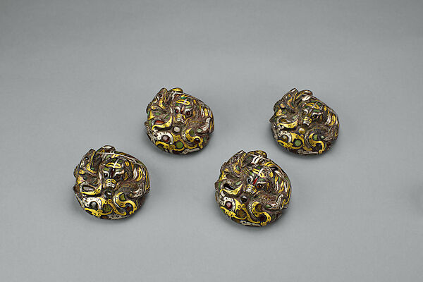 Four Mat Weights in the Shape of Fighting Animals, Bronze inlaid with gold, silver and gemstones, China 