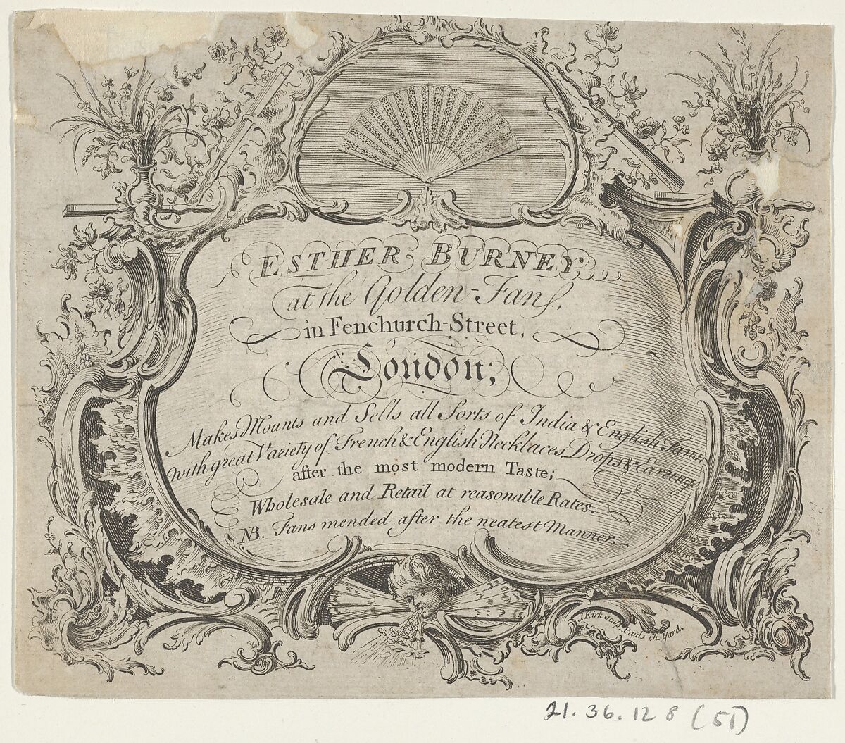 Trade card of Esther Burney, fan-maker, Anonymous, British, late 18th–early 19th century, Etching 