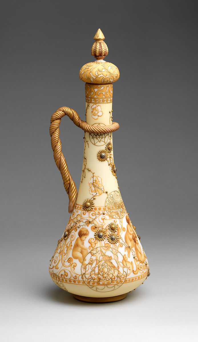 Crown Milano Covered Ewer, Mount Washington Glass Company (New Bedford, Massachusetts 1837-1958), Glass, blown, painted, jeweled, and gilded, American 