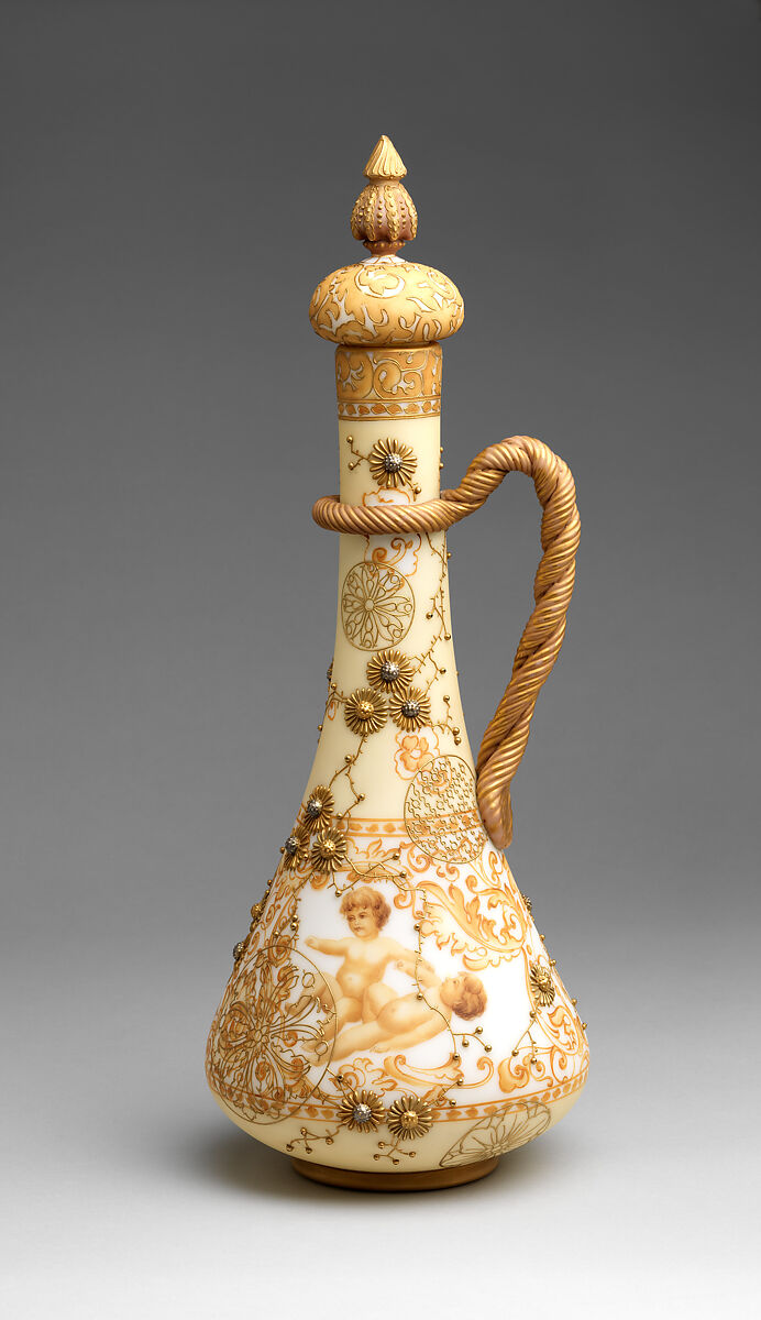 Crown Milano Covered Ewer, Mount Washington Glass Company (New Bedford, Massachusetts 1837-1958), Glass, blown, painted, jeweled, and gilded, American