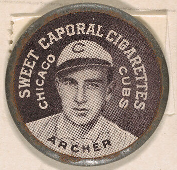 Archer, Chicago Cubs (black), from the Domino Discs series (PX7), issued by Kinney Brothers, Issued by Kinney Brothers Tobacco Company, Commercial color lithograph with metal trim 