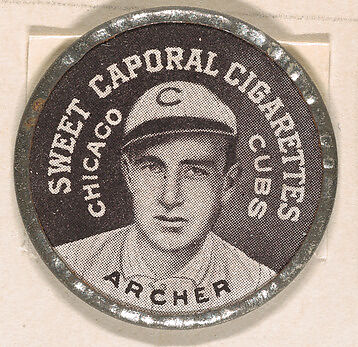 Archer, Chicago Cubs (black), from the Domino Discs series (PX7), issued by Kinney Brothers, Issued by Kinney Brothers Tobacco Company, Commercial color lithograph with metal trim 