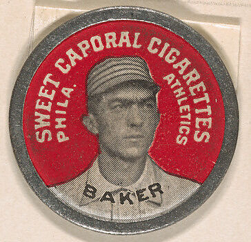 Baker, Philadelphia Athletics (red), from the Domino Discs series (PX7), issued by Kinney Brothers, Issued by Kinney Brothers Tobacco Company, Commercial color lithograph with metal trim 