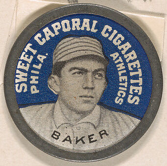Baker, Philadelphia Athletics (blue), from the Domino Discs series (PX7), issued by Kinney Brothers, Issued by Kinney Brothers Tobacco Company, Commercial color lithograph with metal trim 