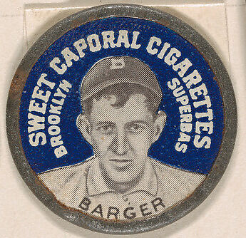 Barger, Brooklyn Superbas (blue), from the Domino Discs series (PX7), issued by Kinney Brothers, Issued by Kinney Brothers Tobacco Company, Commercial color lithograph with metal trim 