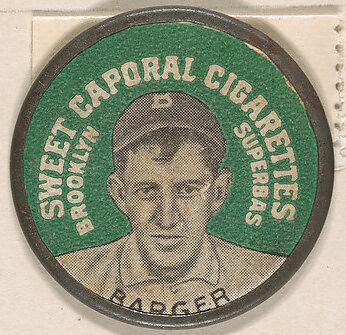 Barger, Brooklyn Superbas (green), from the Domino Discs series (PX7), issued by Kinney Brothers, Issued by Kinney Brothers Tobacco Company, Commercial color lithograph with metal trim 