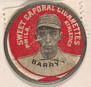 Barry, Philadelphia Athletics (red), from the Domino Discs series (PX7), issued by Kinney Brothers, Issued by Kinney Brothers Tobacco Company, Commercial color lithograph with metal trim 