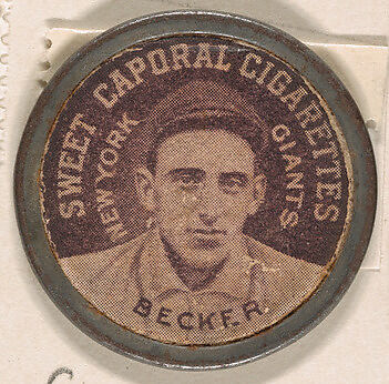 Becker, New York Gaints (black), from the Domino Discs series (PX7), issued by Kinney Brothers, Issued by Kinney Brothers Tobacco Company, Commercial color lithograph with metal trim 