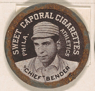 "Chief" Bender, Philadelphia Athletics (black), from the Domino Discs series (PX7), issued by Kinney Brothers, Issued by Kinney Brothers Tobacco Company, Commercial color lithograph with metal trim 