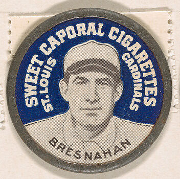 Bresnahan, St. Louis Cardinals (blue), from the Domino Discs series (PX7), issued by Kinney Brothers, Issued by Kinney Brothers Tobacco Company, Commercial color lithograph with metal trim 