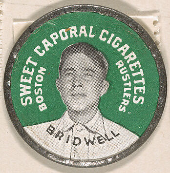 Bridwell, Boston Rustlers (green), from the Domino Discs series (PX7), issued by Kinney Brothers, Issued by Kinney Brothers Tobacco Company, Commercial color lithograph with metal trim 