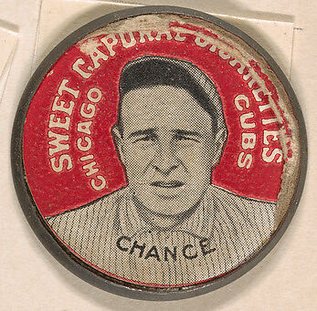 Chance, Chicago Cubs (red), from the Domino Discs series (PX7), issued by Kinney Brothers, Issued by Kinney Brothers Tobacco Company, Commercial color lithograph with metal trim 
