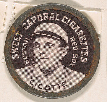 Cicotte, Boston Red Sox (black), from the Domino Discs series (PX7), issued by Kinney Brothers, Issued by Kinney Brothers Tobacco Company, Commercial color lithograph with metal trim 