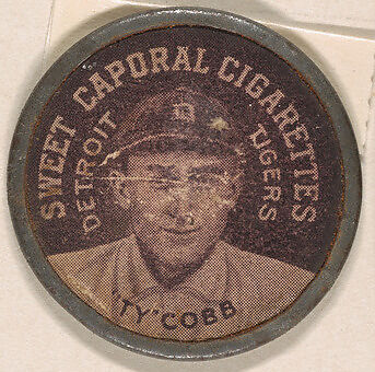 Ty Cobb, Detroit Tigers (black), from the Domino Discs series (PX7), issued by Kinney Brothers, Issued by Kinney Brothers Tobacco Company, Commercial color lithograph with metal trim 