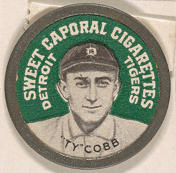 Ty Cobb, Detroit Tigers (green), from the Domino Discs series (PX7), issued by Kinney Brothers, Issued by Kinney Brothers Tobacco Company, Commercial color lithograph with metal trim 