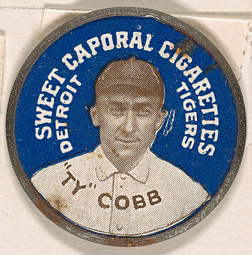 Ty Cobb, Detroit Tigers (blue), from the Domino Discs series (PX7), issued by Kinney Brothers, Issued by Kinney Brothers Tobacco Company, Commercial color lithograph with metal trim 