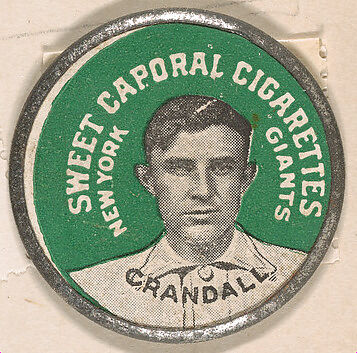 Crandall, New York Giants (green), from the Domino Discs series (PX7), issued by Kinney Brothers, Issued by Kinney Brothers Tobacco Company, Commercial color lithograph with metal trim