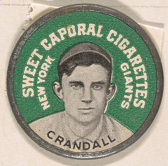 Crandall, New York Giants (green), from the Domino Discs series (PX7), issued by Kinney Brothers, Issued by Kinney Brothers Tobacco Company, Commercial color lithograph with metal trim 