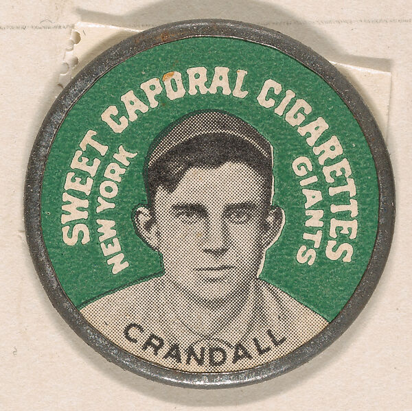 Crandall, New York Giants (green), from the Domino Discs series (PX7), issued by Kinney Brothers, Issued by Kinney Brothers Tobacco Company, Commercial color lithograph with metal trim