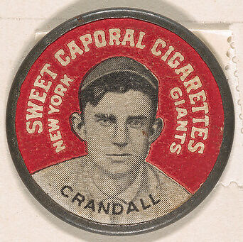 Crandall, New York Giants (red), from the Domino Discs series (PX7), issued by Kinney Brothers, Issued by Kinney Brothers Tobacco Company, Commercial color lithograph with metal trim 