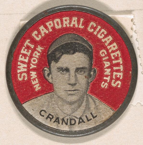 Crandall, New York Giants (red), from the Domino Discs series (PX7), issued by Kinney Brothers, Issued by Kinney Brothers Tobacco Company, Commercial color lithograph with metal trim