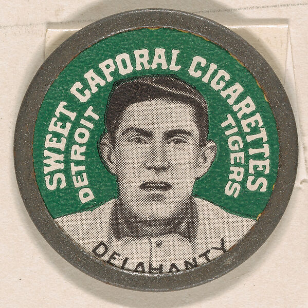 Delahanty, Detroit Tigers (green), from the Domino Discs series (PX7), issued by Kinney Brothers, Issued by Kinney Brothers Tobacco Company, Commercial color lithograph with metal trim