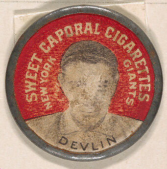 Devlin, New York Giants (red), from the Domino Discs series (PX7), issued by Kinney Brothers, Issued by Kinney Brothers Tobacco Company, Commercial color lithograph with metal trim 