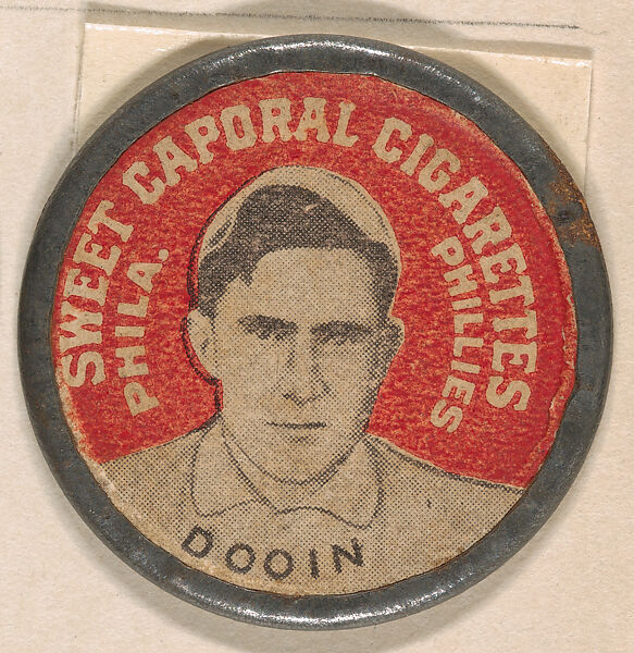 Dooin, Philadelphia Athletics (red), from the Domino Discs series (PX7), issued by Kinney Brothers, Issued by Kinney Brothers Tobacco Company, Commercial color lithograph with metal trim