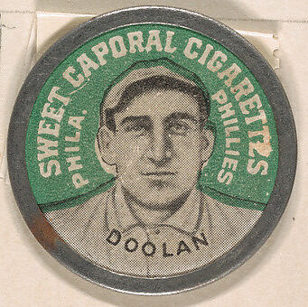 Doolan, Philadelphia Athletics (green), from the Domino Discs series (PX7), issued by Kinney Brothers, Issued by Kinney Brothers Tobacco Company, Commercial color lithograph with metal trim 