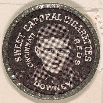 Downey, Cincinnati Reds (black), from the Domino Discs series (PX7), issued by Kinney Brothers, Issued by Kinney Brothers Tobacco Company, Commercial color lithograph with metal trim 