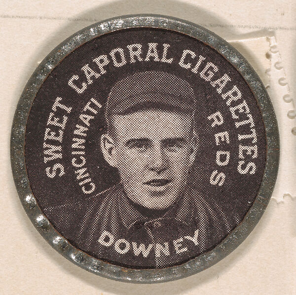 Downey, Cincinnati Reds (black), from the Domino Discs series (PX7), issued by Kinney Brothers, Issued by Kinney Brothers Tobacco Company, Commercial color lithograph with metal trim