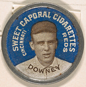 Downey, Cincinnati Reds (blue), from the Domino Discs series (PX7), issued by Kinney Brothers, Issued by Kinney Brothers Tobacco Company, Commercial color lithograph with metal trim 