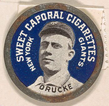 Drucke, New York Giants (blue), from the Domino Discs series (PX7), issued by Kinney Brothers, Issued by Kinney Brothers Tobacco Company, Commercial color lithograph with metal trim 