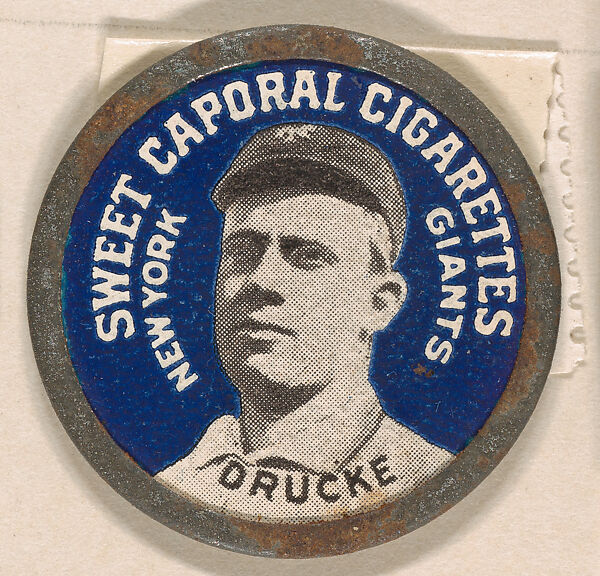 Drucke, New York Giants (blue), from the Domino Discs series (PX7), issued by Kinney Brothers, Issued by Kinney Brothers Tobacco Company, Commercial color lithograph with metal trim