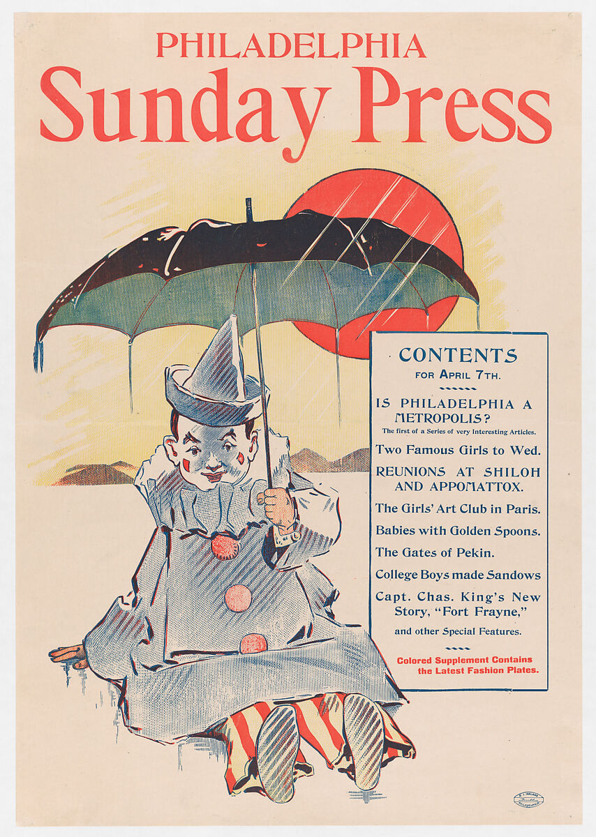 Advertisement for Philadelphia Sunday Press, April 7, 1896, George Reiter Brill (American, Pittsburgh, Pennsylvania 1867–1918 Florida), Lithograph 