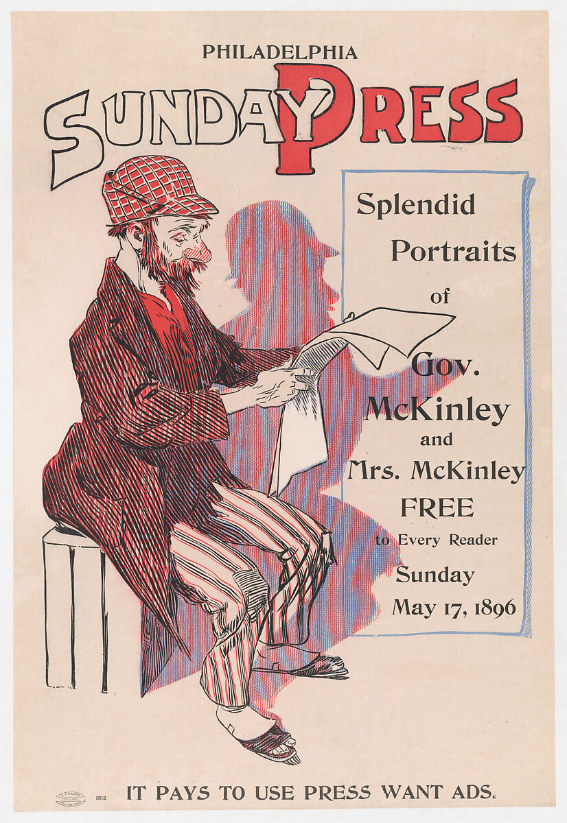 Advertisement for Philadelphia Sunday Press, May 17, 1896, George Reiter Brill (American, Pittsburgh, Pennsylvania 1867–1918 Florida), Lithograph 
