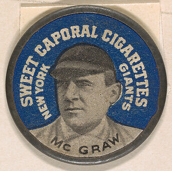 McGraw, New York Giants (blue), from the Domino Discs series (PX7), issued by Kinney Brothers, Issued by Kinney Brothers Tobacco Company, Commercial color lithograph with metal trim 