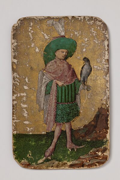 Upper Knave of Falcons, from The Stuttgart Playing Cards, Paper (six layers in pasteboard) with gold ground and opaque paint over pen and ink, German 