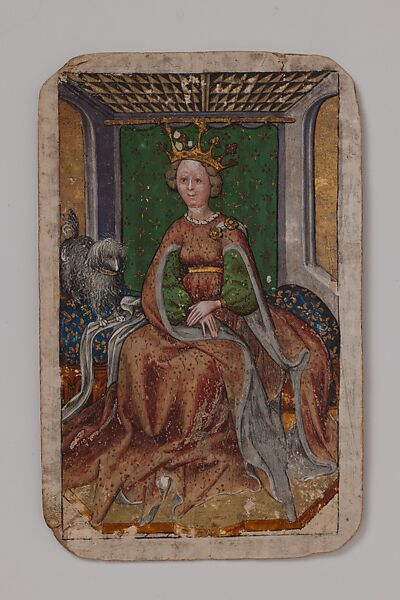 Queen of Hounds, from The Stuttgart Playing Cards, Paper (six layers in pasteboard) with gold ground and opaque paint over pen and ink, German 