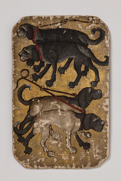 4 of Hounds, from The Stuttgart Playing Cards, Paper (six layers in pasteboard) with gold ground and opaque paint over pen and ink, German 